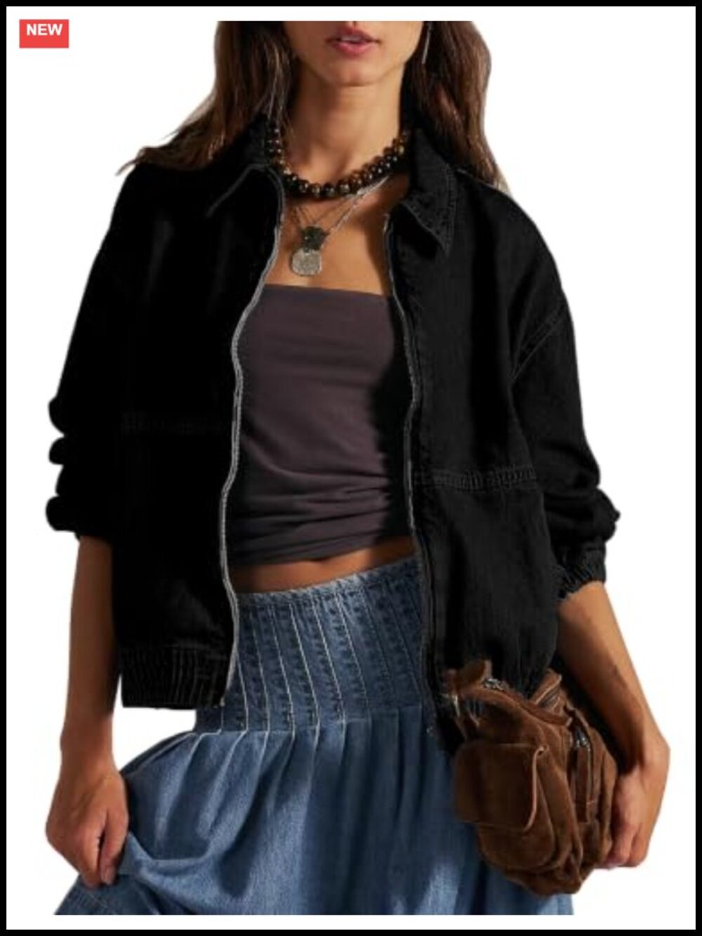 Womens 100% Cotton Zip Up Loose Fit Denim Bomber Jacket